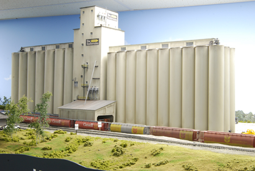 The Anderson's Elevator at Plymouth is a major facility,trainloads of grain leave here yearly.  Scratch built from PVC pipe and sheet styrene, by my friend Howard Clark it's something to see.